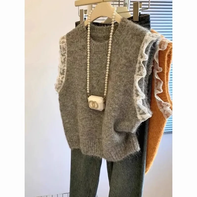 

Женский свитер-жилет в стиле ретро, лоскутный кружевной вязаный однотонный свободный жилет без рукавов, высококачественный корейский мягкий теплый свитер, пуловер