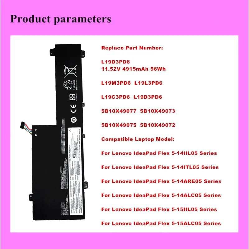 L19D3PD6 11.52V  56Wh Laptop Battery For Lenovo IdeaPad Flex 5-14IIL05 14ITL05  14ARE05 14ALC05 15IIL05 15ALC05 Series