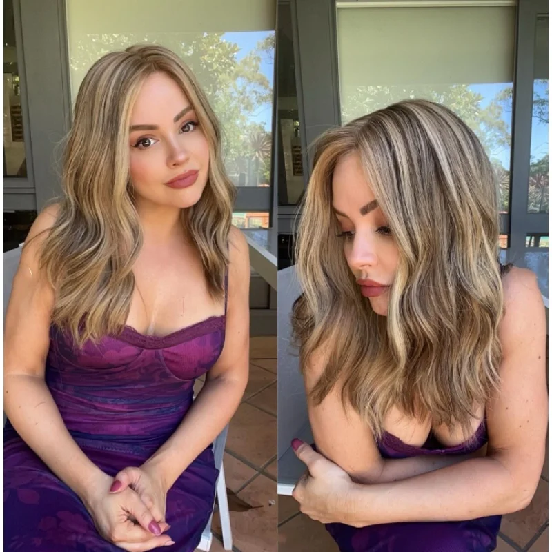 

Ombre Blonde Brown Highlights Wavy Wig Middle Part Heat Resistant Synthetic Fiber Wig Natural Blonde Brown Balayage 24 inches