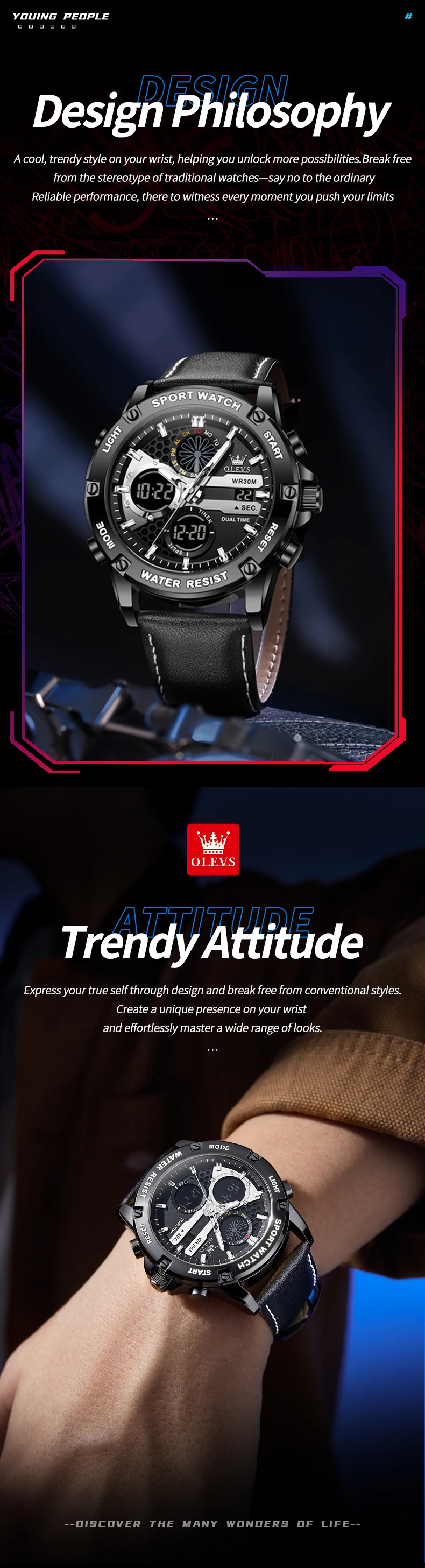 OLEVS 1110 Original Quarzuhr für Herren Multifunktionale Persönliche Digitaluhr Modische Lederarmband Sportuhr – Detail 2