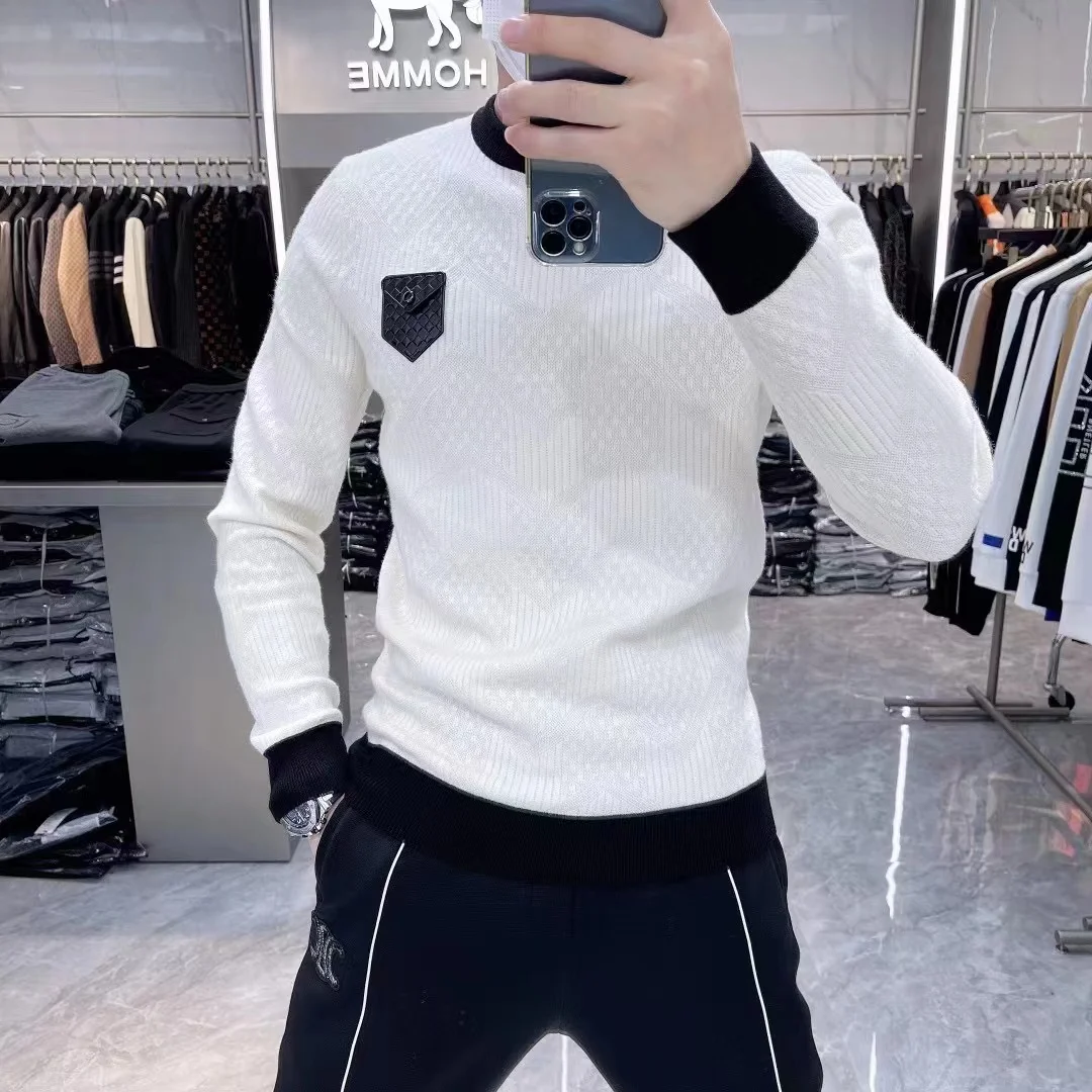 

High-End Men's Camere Sweater 2024 Autumn Winter Faion Pure Color Wool Thiened Leather Patchwork Base irt
