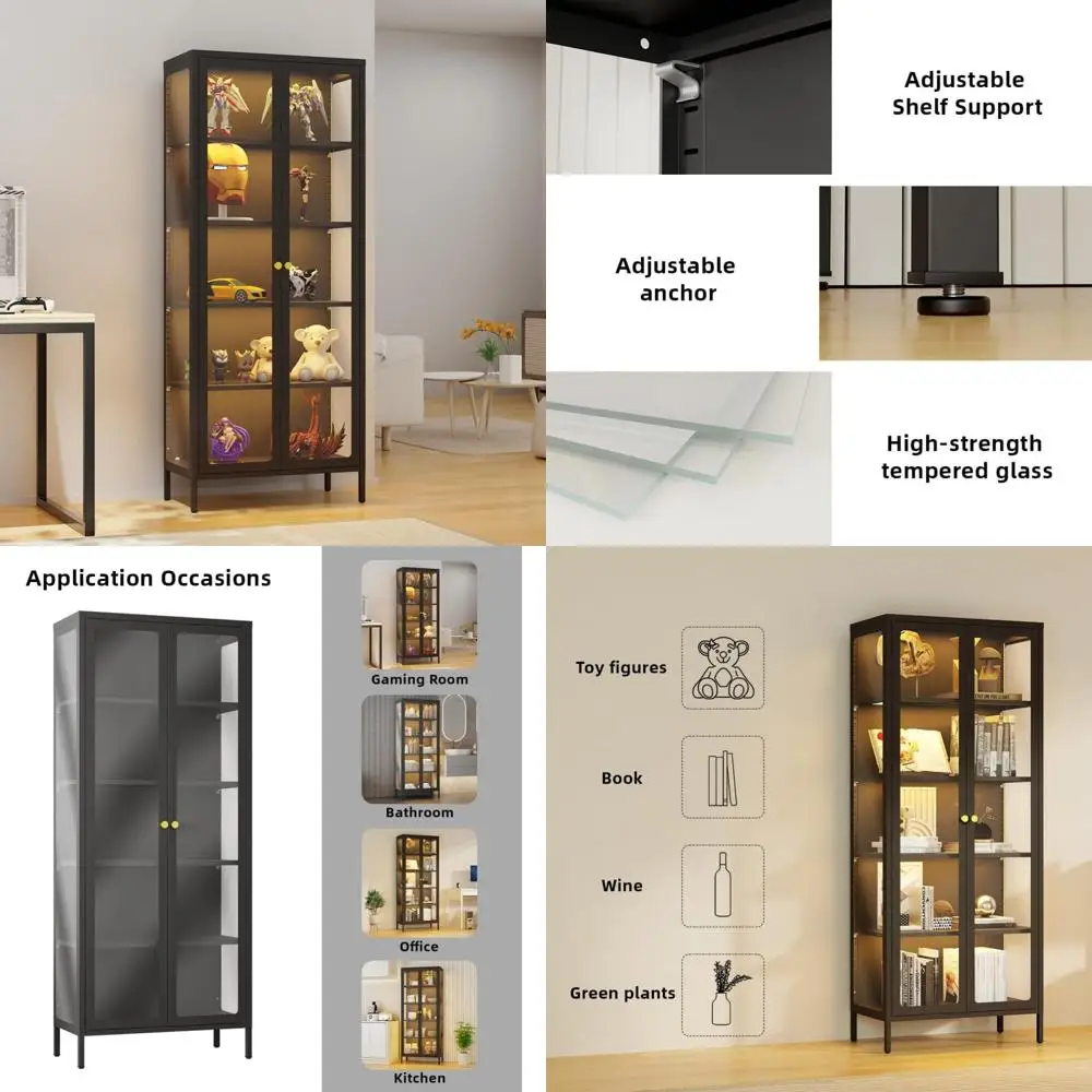 

Metal Display Cabinet with Glass Doors,5-Tier Curio Cabinet with Adjustable Shelves,21 DIY Color Lights Display Cases for Collec