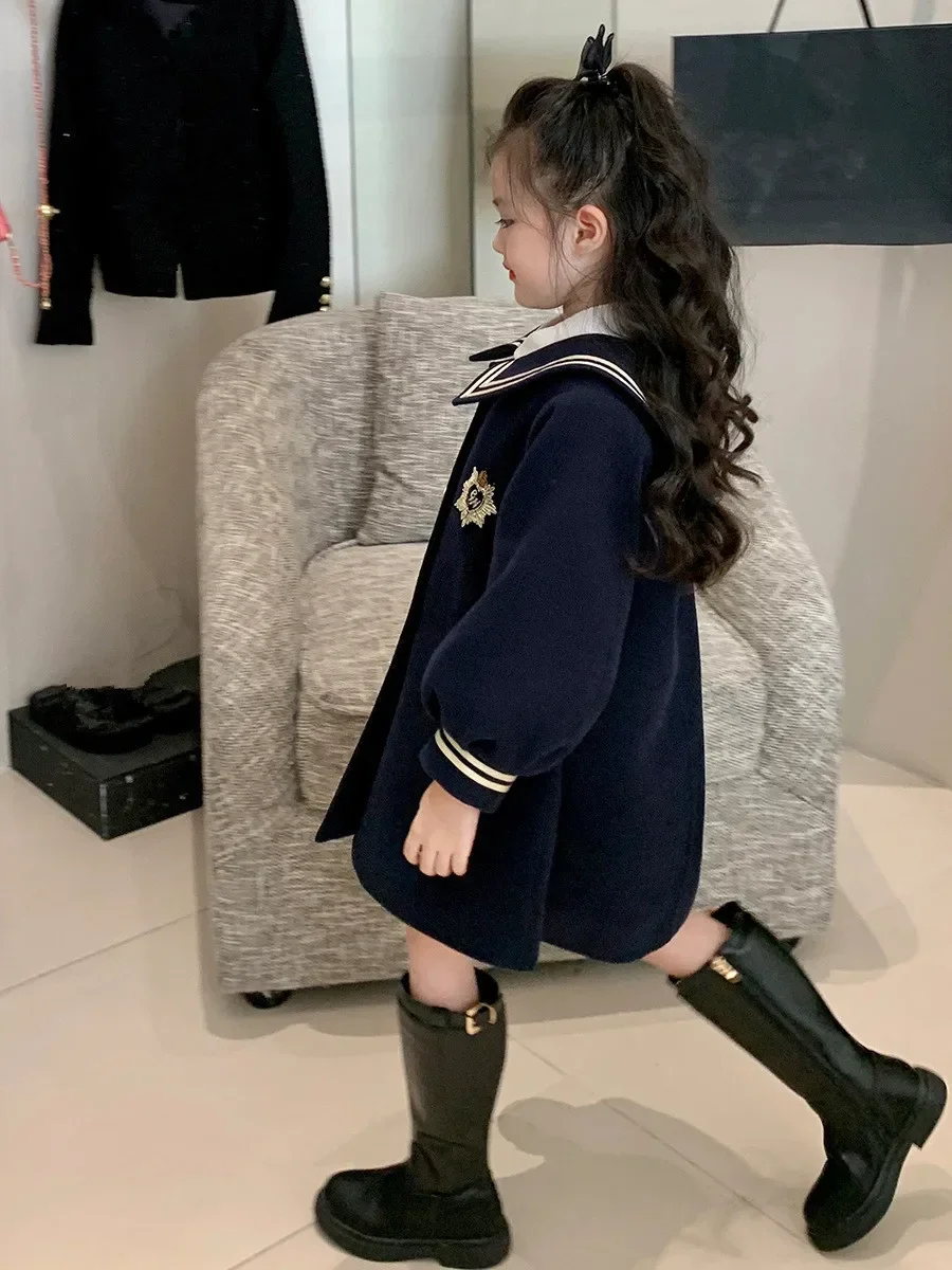 Girls Mid-length Coat 2024 Spring Autumn Navy Style Coat Little Girls Toddler Fashion Double Breasted Clothing