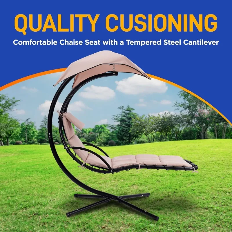 Outdoor Hanging Curved Steel Chaise Lounge Swing Chair w/a Built-in Pillow and Removable Canopy UV Protection