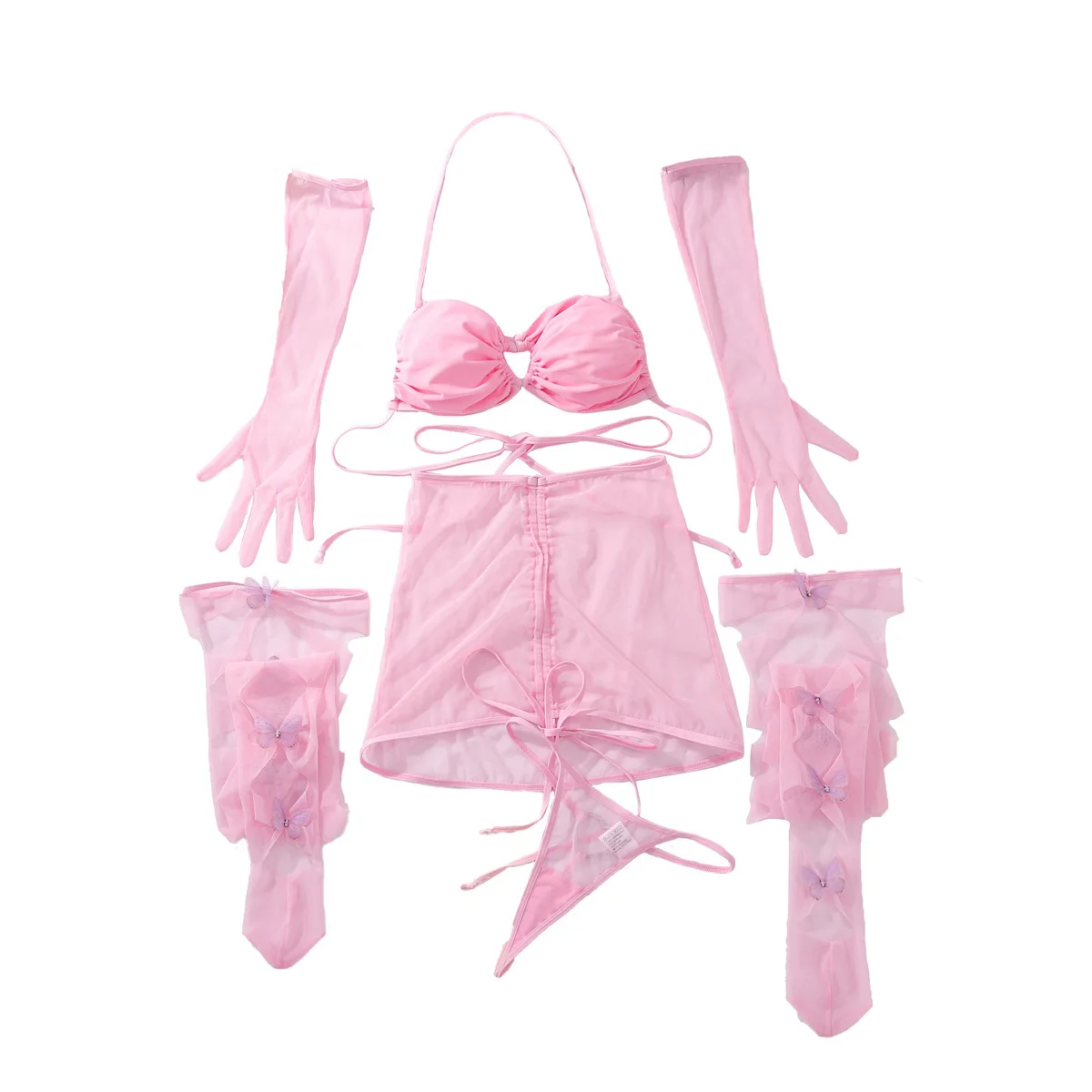 Sexy Lingerie Set Women Sheer Mesh Halter Neck Underwear 5 Piece Set with Stockings Erotic Babydoll Lace Teddy