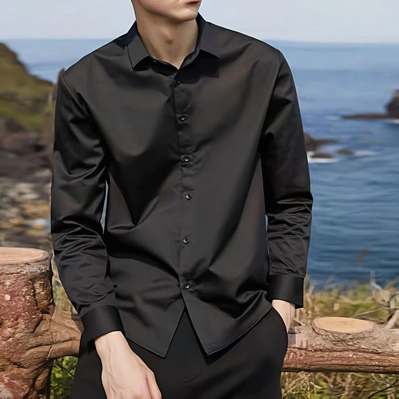 

Black Long Sleeve Man Tops Plain Shirts and Blouses for Men Silk Korean Style Fashion 2024 Aesthetic Cheap Brand S Asia Clothing