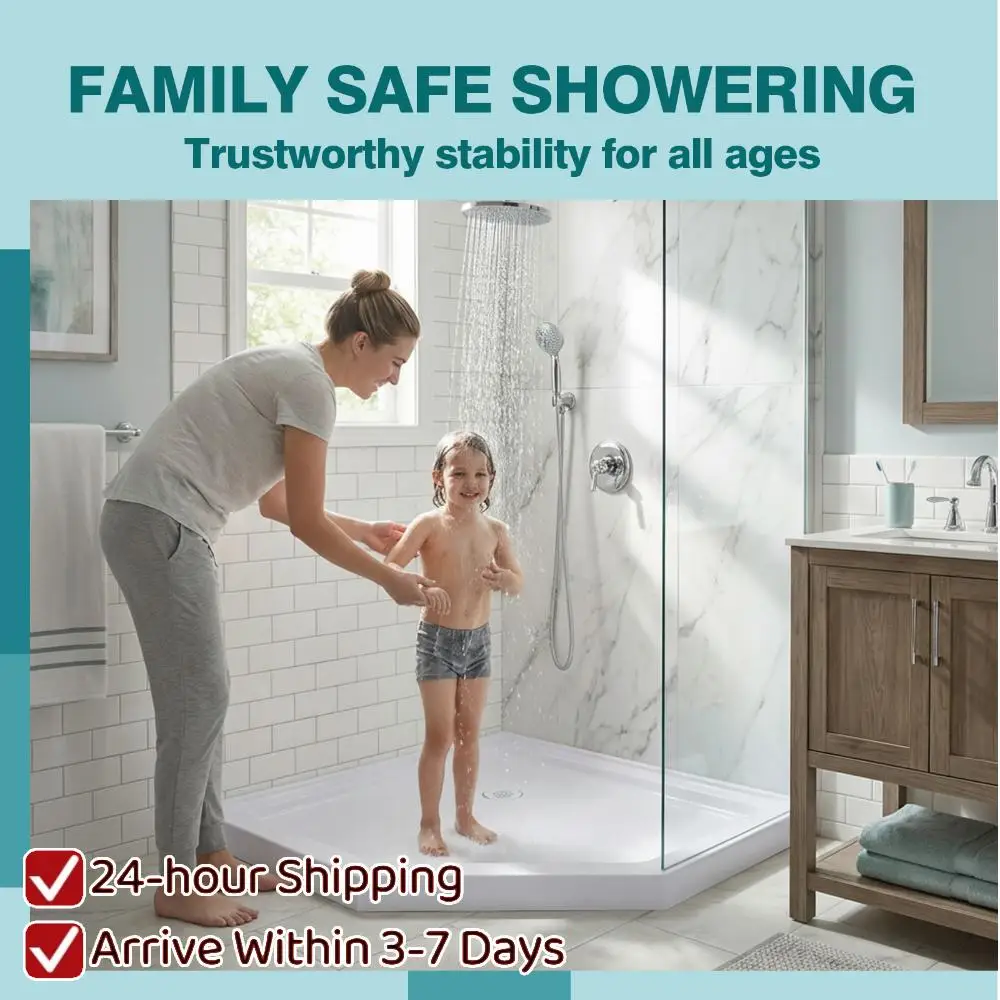 

Shower Tray with Corner Drain Shower Base Pan Non-Slip Textured Surface 37 In. L X 37 In. W for RV Camper Travel Trailers