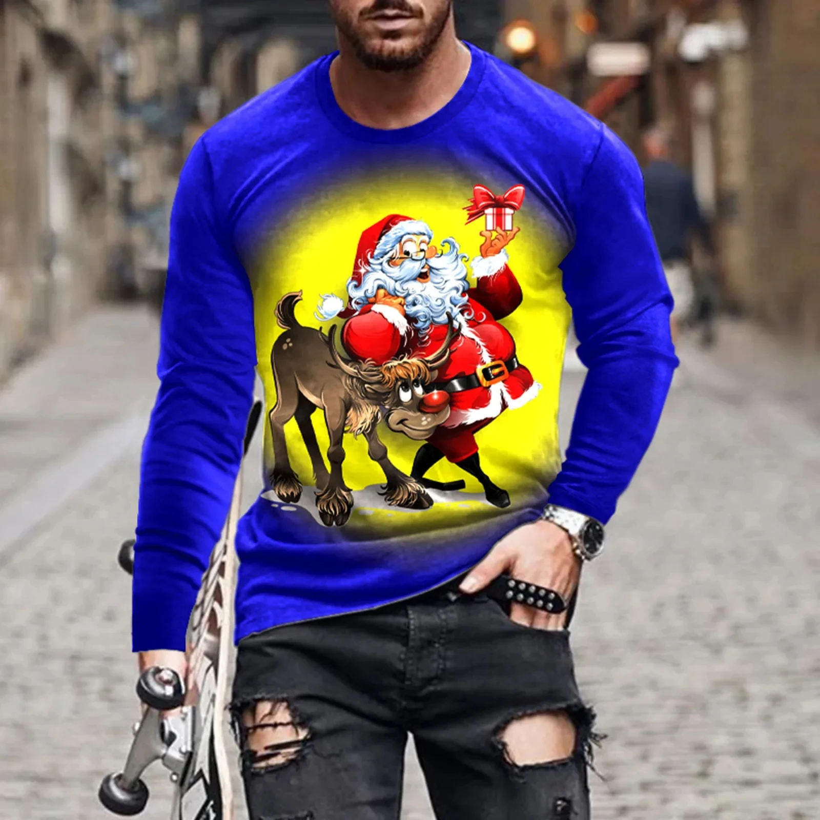 New Festivals Pattern Christmas European Size Long Sleeved T-shirt For Men\'s Casual Autumn Trend Top Round Neck Tees