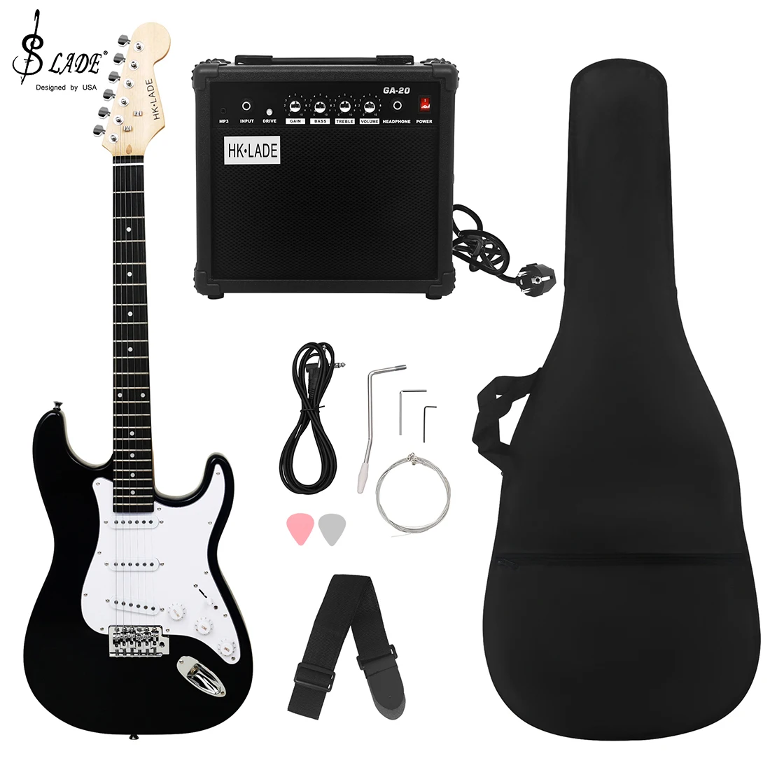 SLADE 39-Zoll-E-Gitarre, 6 Saiten, 22 Bünde, ST-E-Gitarre, Palisander-Griffbretter mit Tasche, Effektpedalverstärker