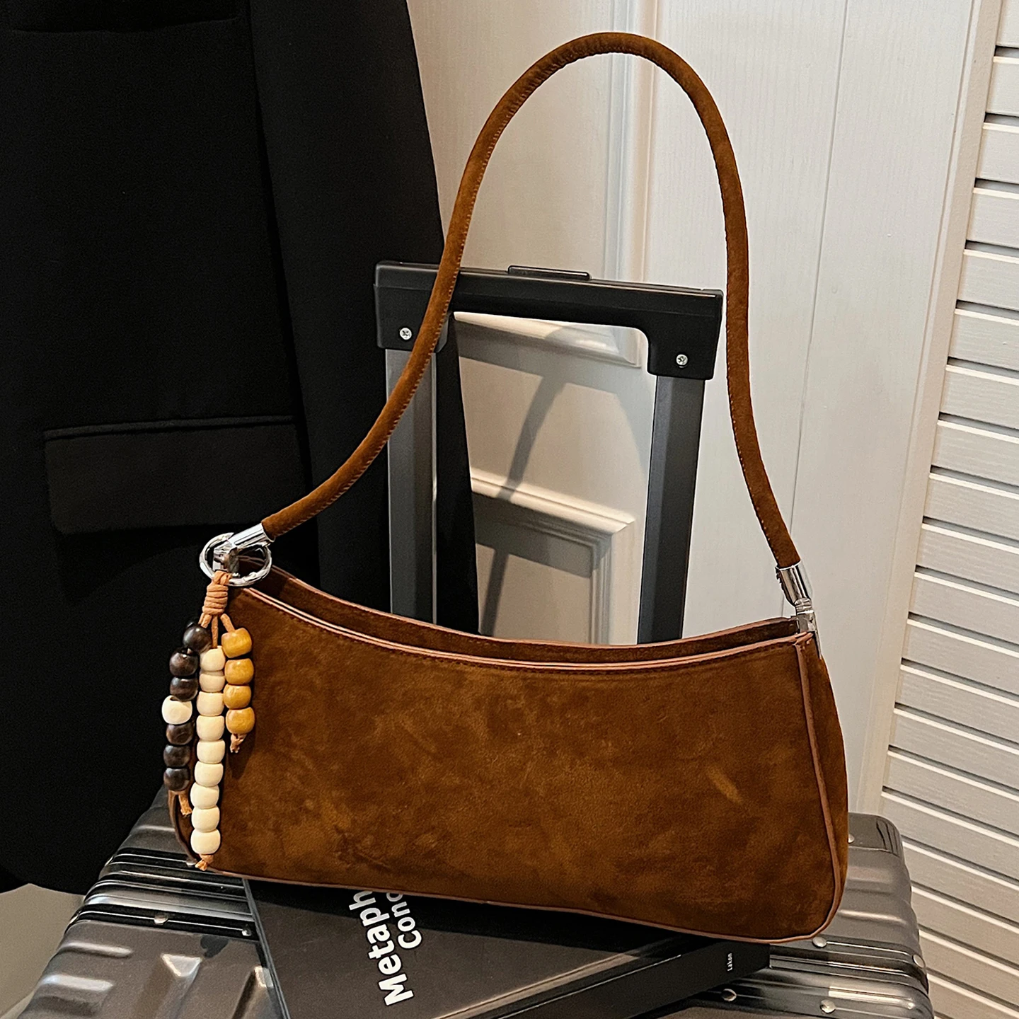 

Brown Suede Women's Small Square Pack Retro Zipper Casual Handbags Fashion Large Capacity Commuting One Shoulder Bag