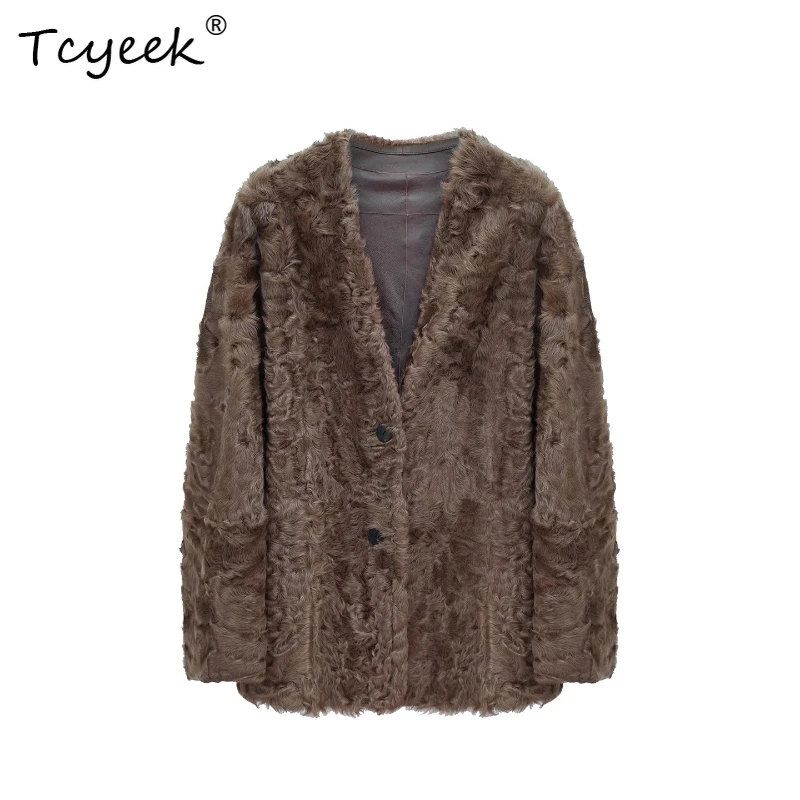 Tcyeek Genuino Lana Autunno Inverno Alla Moda di Fascia Alta Con Scollo A V di Colore Solido delle Donne di Lana Shearling Cappotto di Pelliccia Fourrures Femme