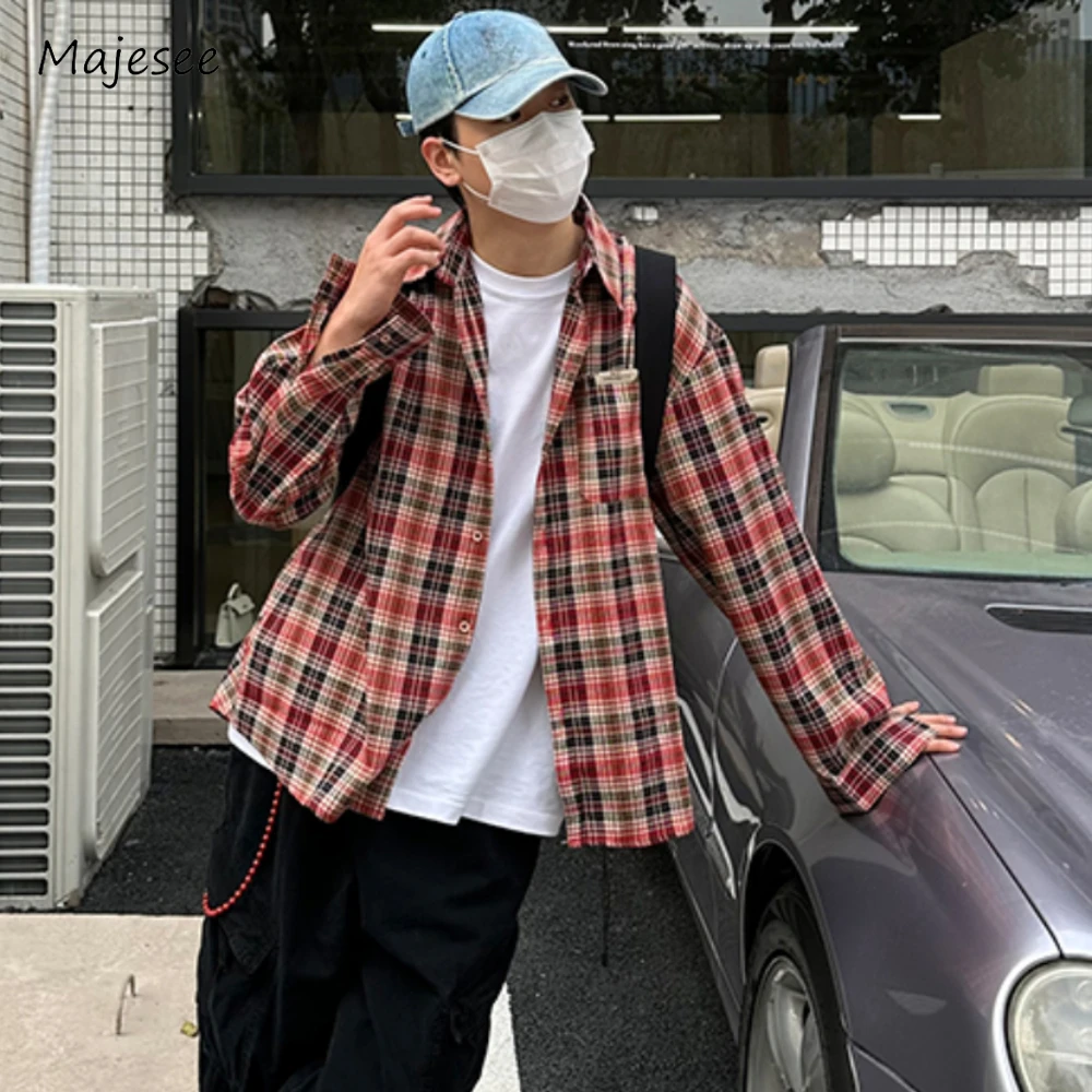 Plaid Men Shirts Pockets All-match Harajuku Long Sleeve Vintage College Leisure Temper Korean Style Commuting Spring Couplewear