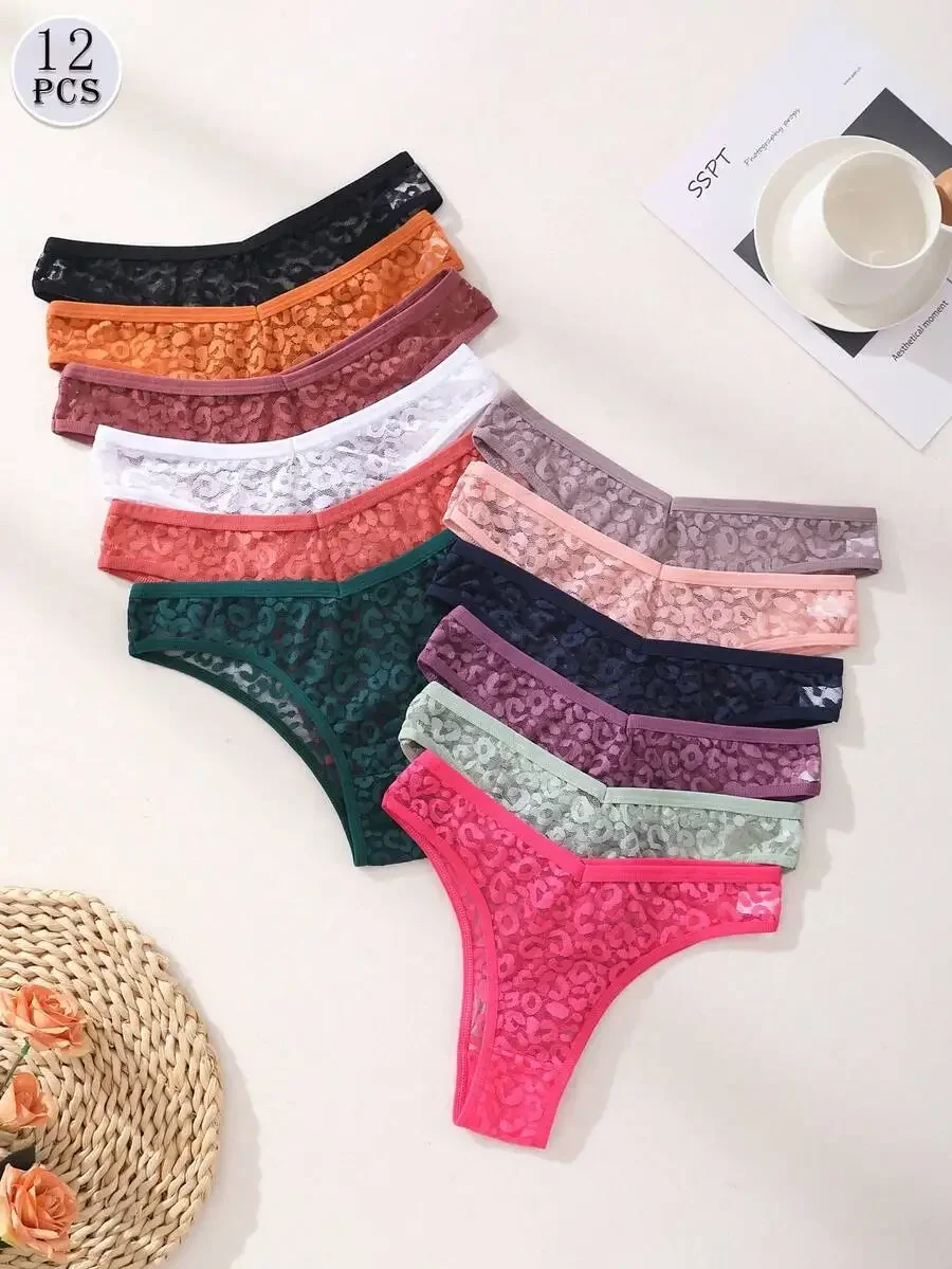 

12pcs Women Lace Leopard Print Bikini Panties V-Waist Seamless Hollow Out Comfortable Breathable