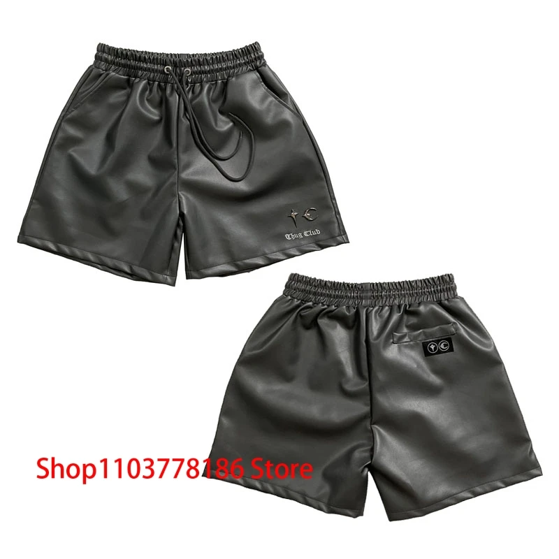 24ss Men Women Couple THUG CLUB Leather Shorts High Street Vintage Metal Logo Embroidered Letters Loose Casual Pants