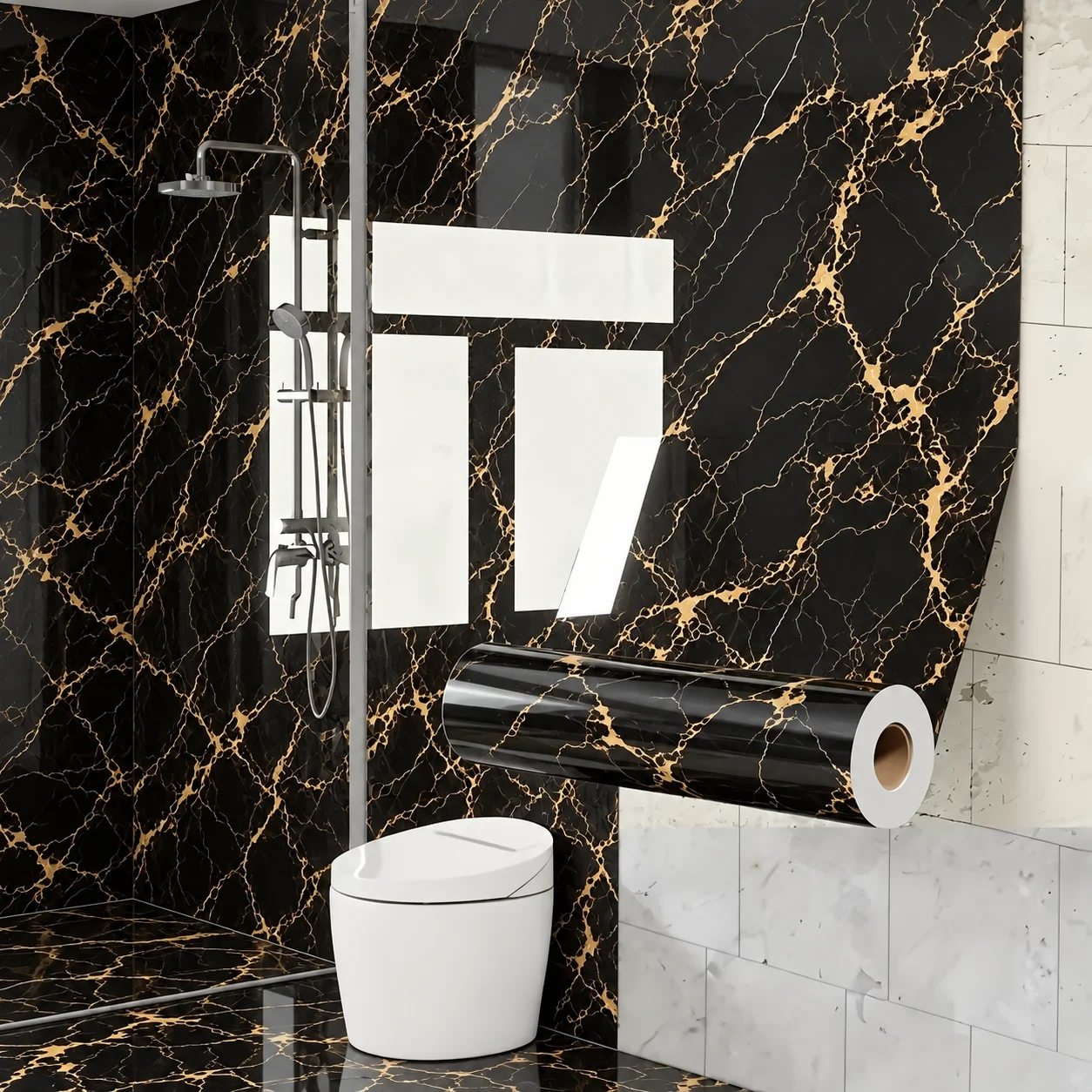 Black Gold Faux Marble Contact Paper Oil Resistant Self-Adhesive Waterproof Wall Sticker Kitchen Countertop Cabinet Decor Roll.