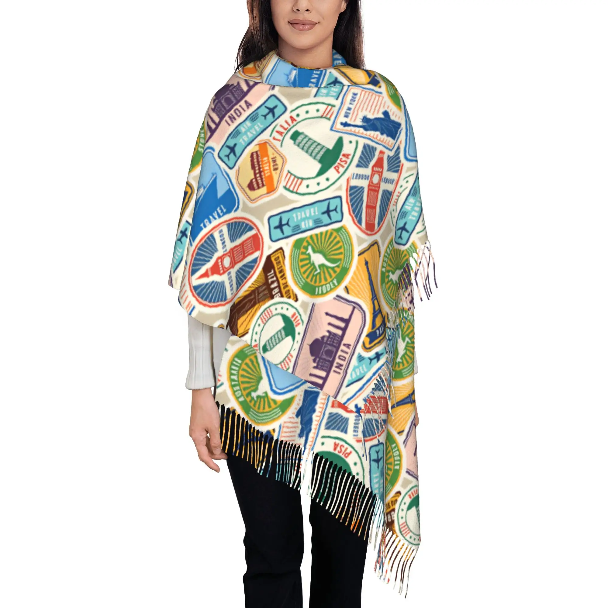 Custom Lady Long Vintage Air Travel Landmark Badge Collage Print Scarves Women Winter Soft Warm Tassel Shawl Wraps  Scarf