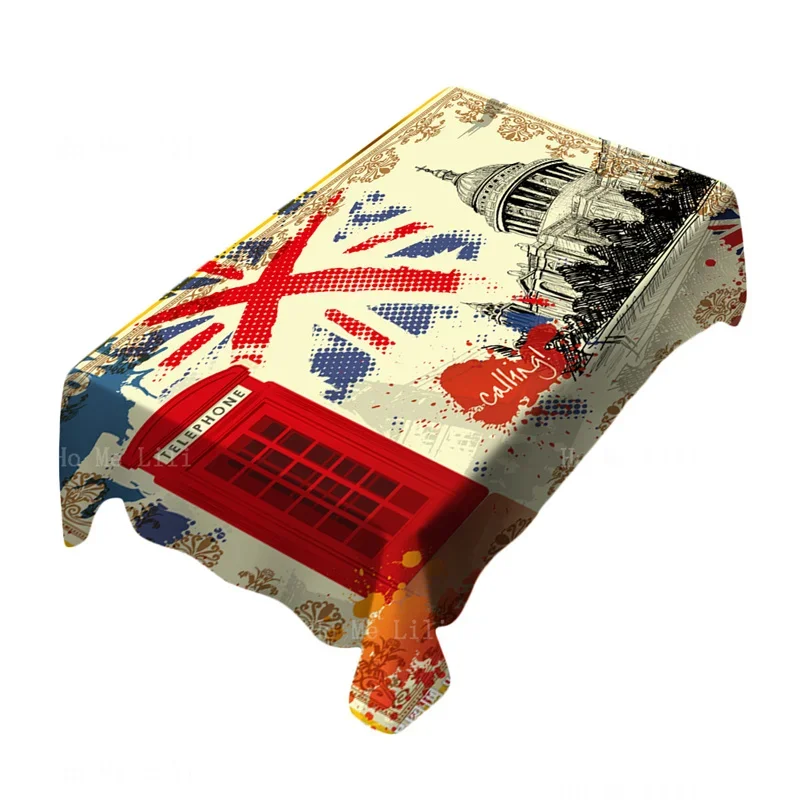 American Style Retro London Theme Rectangle Tablecloth Big Ben Tower Bridge Red Double Decker Bus British Union Flag Design