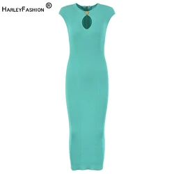 French Style Sleeveless Sexy Hole Summer Knitted Women Long Sheath Dress 3 Colors