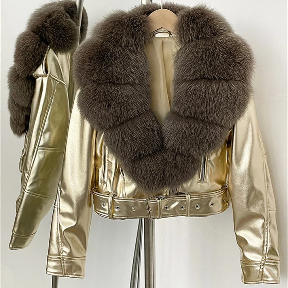 

2025 Winter Women's Jacket, PU Coated, Belt, Large Fur Collar, Motorcycle Style, Outerwear, Y2K New, High Quality Coat bra