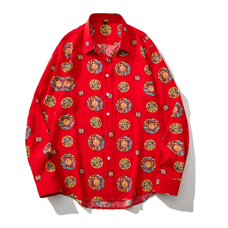 Men's New Trendy Fashion Personality Handsome Popular Northeast China Big Flower Long Sleeved Shirt