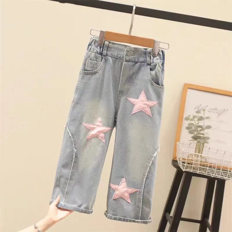 New Summer Girls Clothing Sets Spring Mid size Girls\' Fashion High Waist Tight Short Sleeve+Spliced Bow Jeans Children Clothes