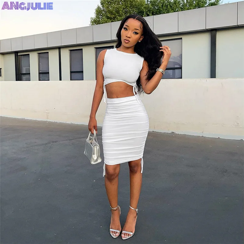 

Angjulie Solid Dress Sets Two Piece Set Women Outfits Casual Bandage Sleeveless Bare Midriff Vest + Drawstring Ruched Hip Skirts