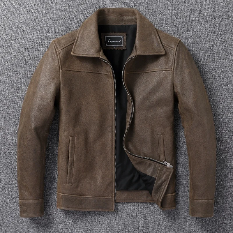 

Light Brown Autumn Leather Jacket Men Retro Vintage Style Plus Size Genuine Natural Cowhide Turn-Down Collar Leather Coat