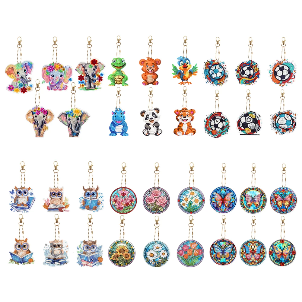 6Pcs Diamond Painting Keychains Kit Double Sided Cartoon Rhinestone Mosiac Keyring Special Shaped for Beginners Kids Adults