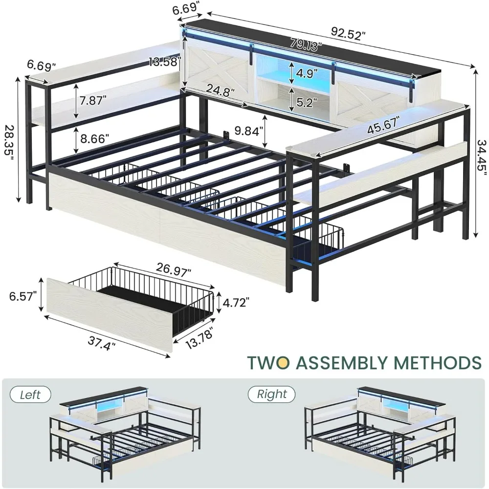 Estrutura de cama dupla XL de canto com gavetas de armazenamento, estação de carregamento e luzes LED Farmhouse Twin XL Daybed com cabeça de armazenamento