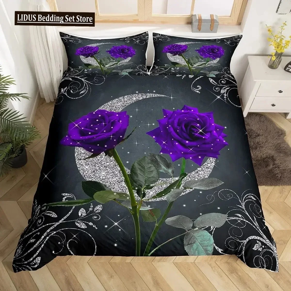 

3D Printed Pink Rose Duvet Cover Set Queen Size Rose Floral Bedding Set Botanical Fashion Blossom Flowers Microfiber Quilt Cover