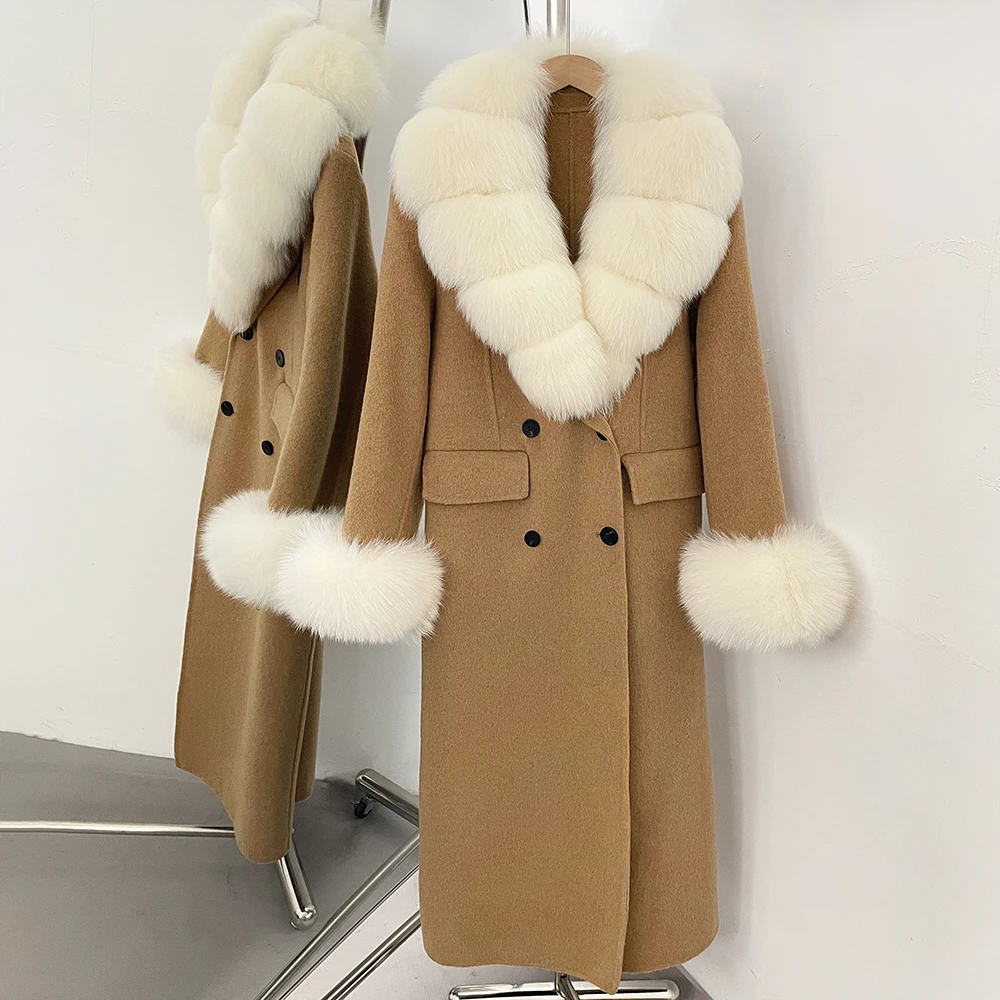 Women's Overcoat Double Face Wool Blend Coat Slim Fit Warm Elegant Office Wear Winter Cold Season Wool Coat with Fur Collar