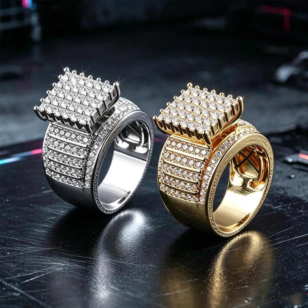 Men's Ring Full Of Crystal Men Hip Hop Jewelry Cool Trend Finger Rings 18K Gold Plated Full Diamond Gifts for Boy Friends
