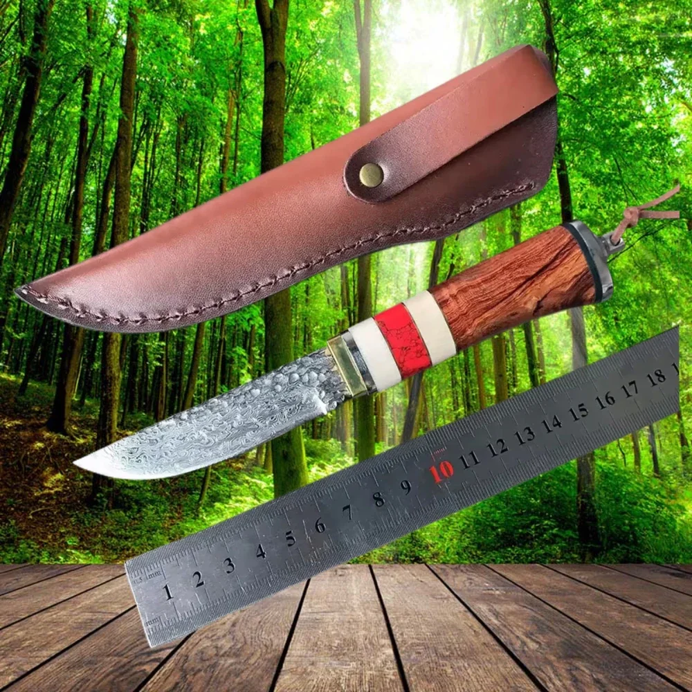 ダマスカス鋼の狩猟用ナイフ、天然のターコイズとサンダルウッドのハンドル、屋外キャンプの固定刃、戦術的なサバイバルハンドツール