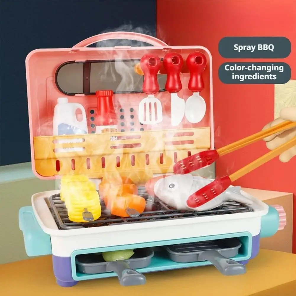 Kids Simulated Barbecue Set with Spray Light and Sound Pretend Play Kitchen Cooking Toy BBQ Educational Toys for Kids Xmas Gifts