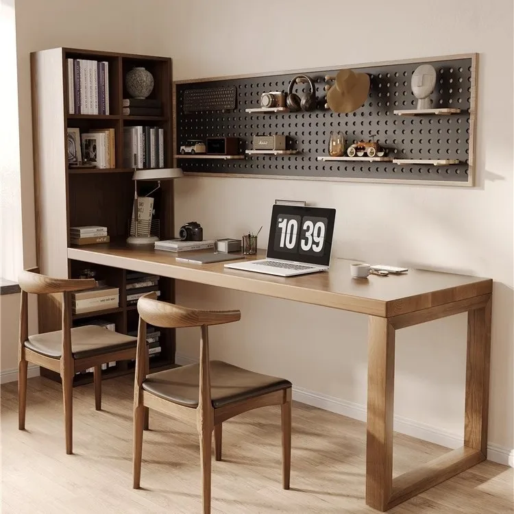 Solid wood children's desk bookcase bookshelf integrated combination double long computer desk