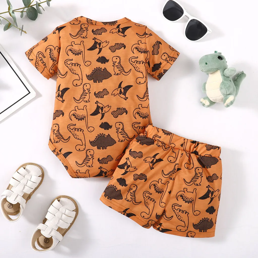 Baby Boy Clothes Set Infant Cartoon Dinosaur Short Sleeve Jumpsuit+Shorts Summer Casual Outfits for Toddler Boy 0-18 Months