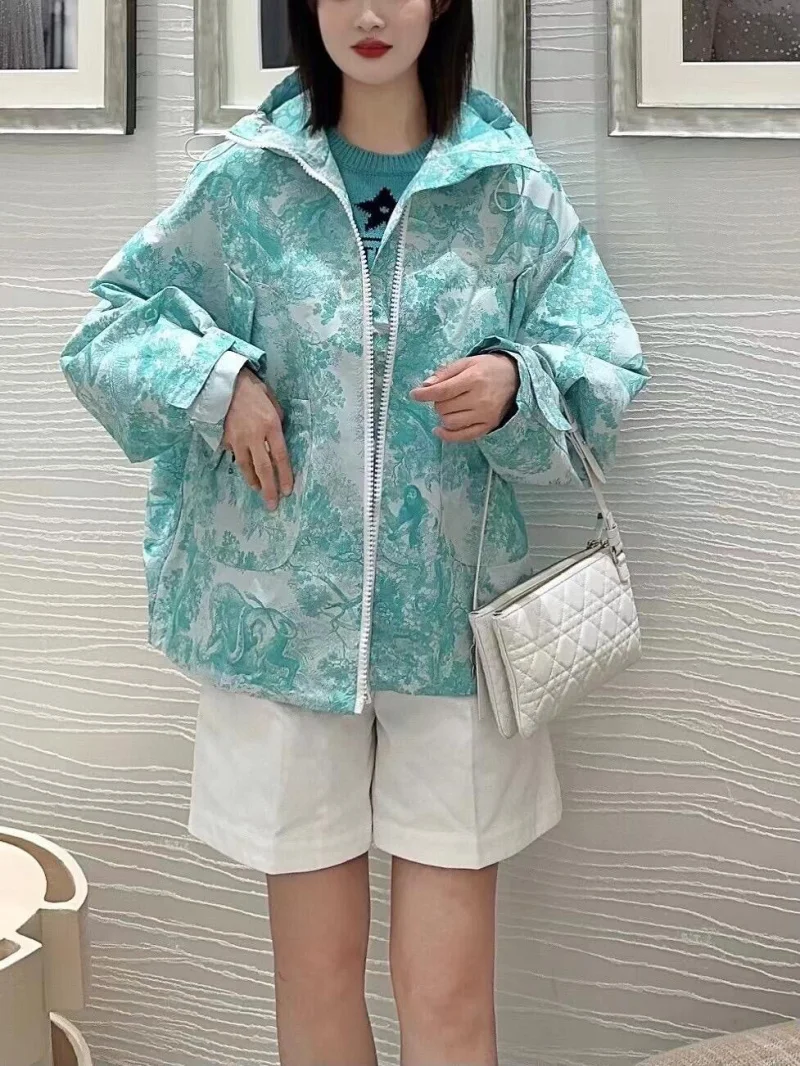 

Уличная стильная женская верхняя одежда с защитой от солнца, свободная и модная куртка с капюшоном, мятно-зеленая куртка с принтом животных