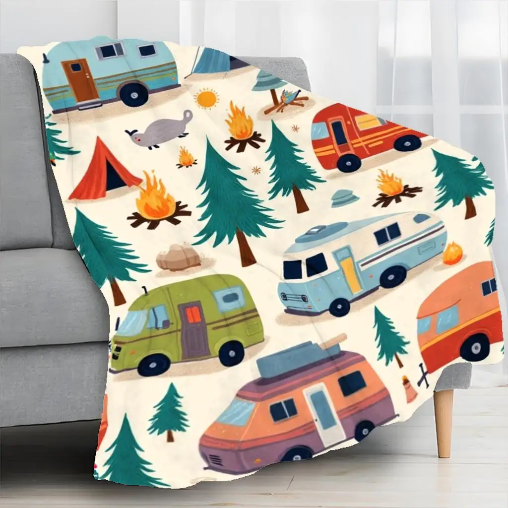 Cartoon Camper Tent Pine Campfire Cream Base Print Blanket, Light Flannel Throw For Couch Room, Camping Travel Daily Blanket