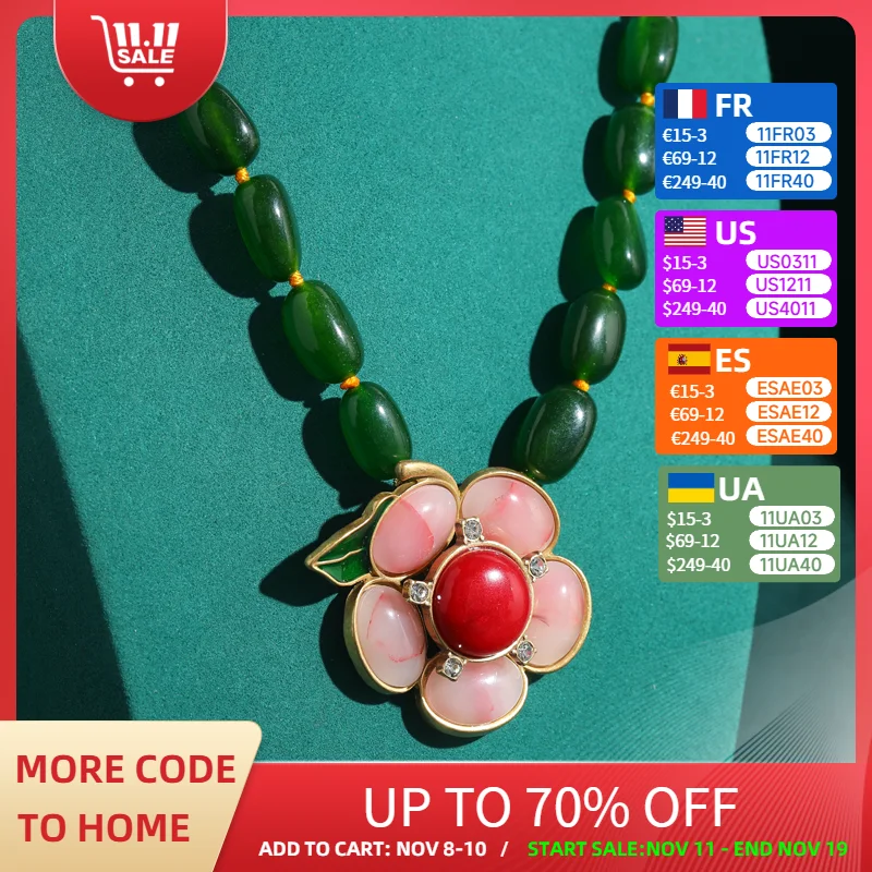 

Vintage Green Glaze Natural Stone Beads Necklace Pink Flower Pendant Woman Retro Elegant Luxury Quality Jewelry Designer Gift