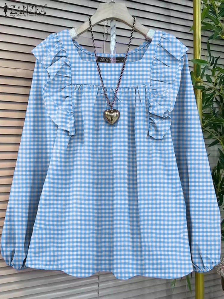 

ZANZEA Women Long Sleeve Shirts 2024 Autumn Plaid Printed Blouse Vintage Ruffled Stitching Tops Office Lady Square Neck Tops