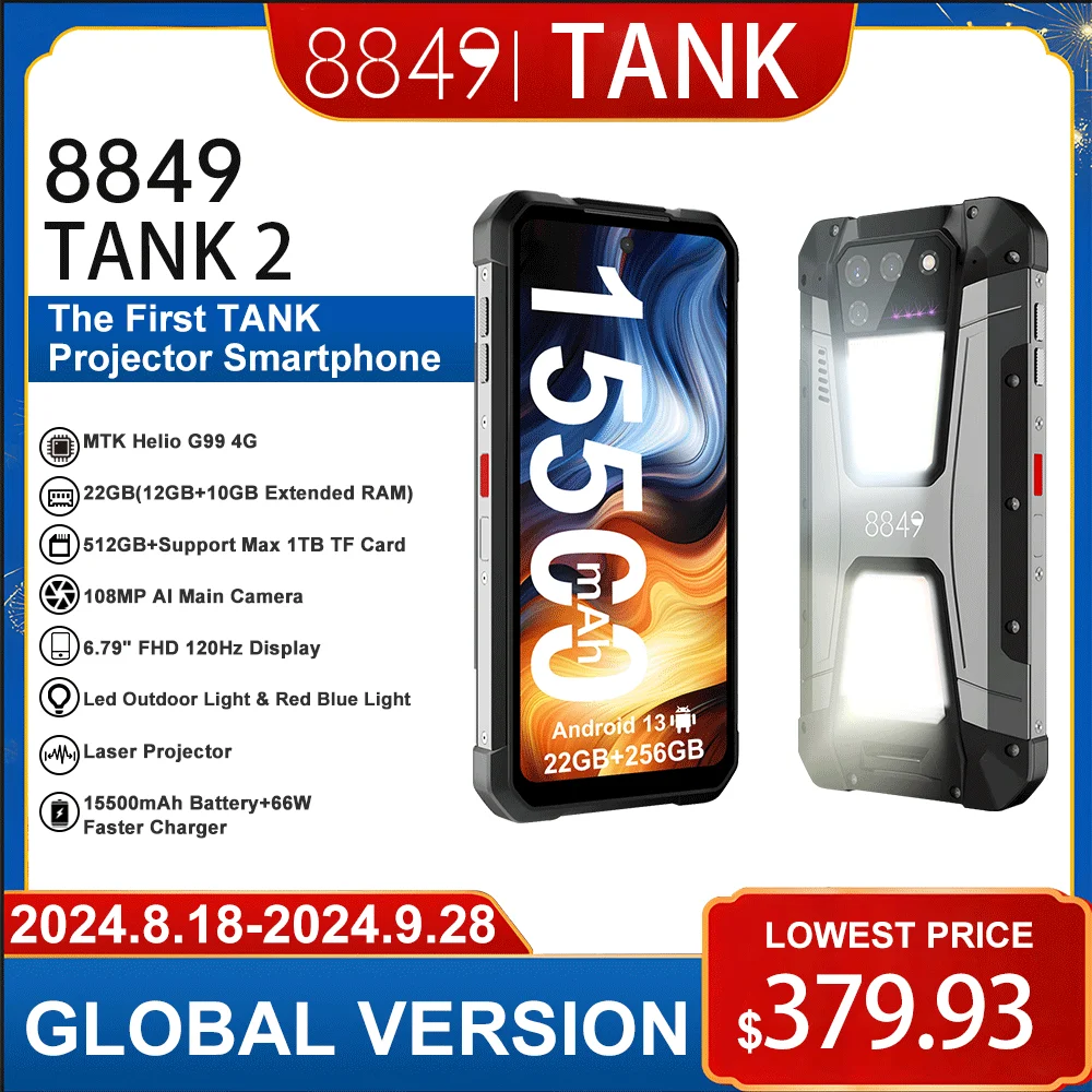 In Stock 8849 Tank 2 by Unihertz Projector Rugged Smartphone 22GB 256GB Cellphone 108MP G99 Night Vision IP68 Mobile Phone