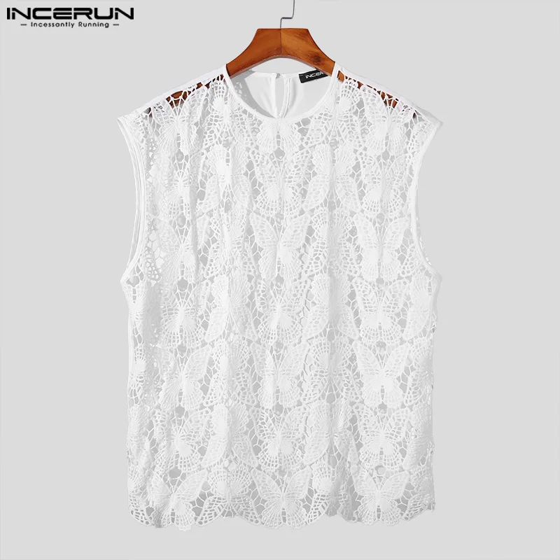 INCERUN Men Tanks Tops Hollow Out Lace Patchwork O-neck Sleeveless Transparent Male Vests Streetwear 2024 Fashion Men Clothing