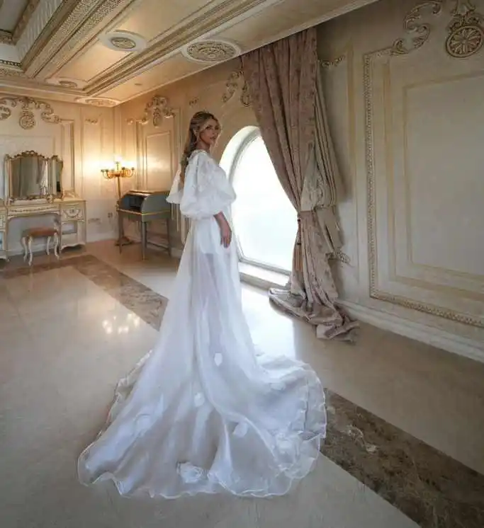 White Bridal Dresses Sheer Tulle Robe Front Split Pregnancy Maternity Robe Customized Wedding Bride Boudoir Sleepwear Nightwear view 2