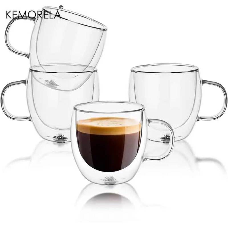 4PCS Heart Glass Mug Couple Cups Double Glass Cup Heat-Resisting Wine Glasses Tea Mugs Milk Espresso Coffee Cup Drinkware