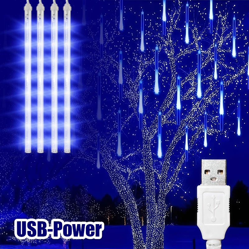 UUSB LED Falling Star Lights Meteor Rain String 30CM8Tubes 50CM8Tubes IP54 Waterproof Warm White Blue Colorful 8 Modes Holiday