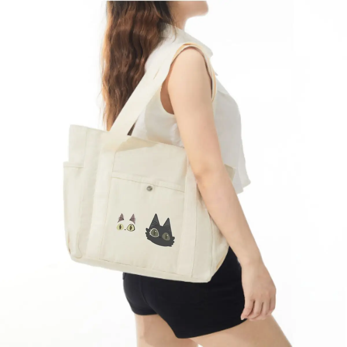 Cat Duo Charm Capacity Canvas Tote Bags Work Commuting Carrying Bag  Shoulder Shopping Bag
