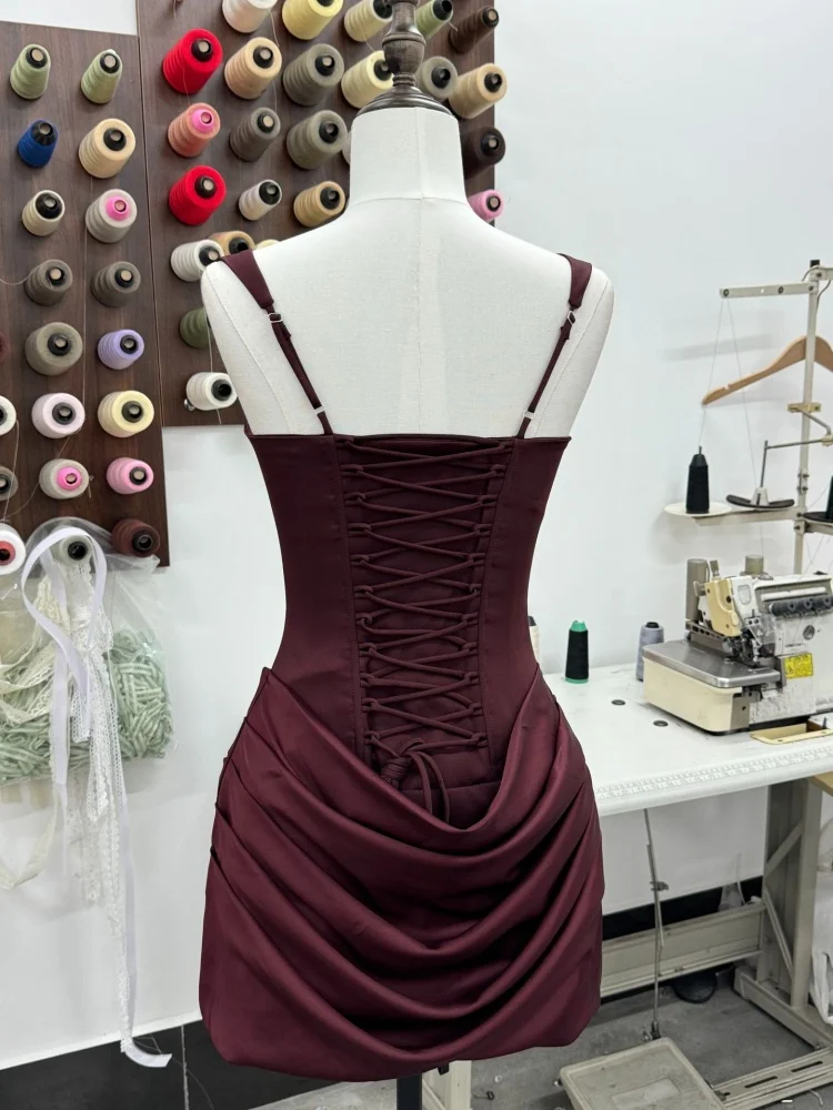 VC Wine Red Bodycon Mini Dress for Women – Square Neck Corset Dress with Draped Waist Slim Fit Party Clubwear Short Dress - Image 6