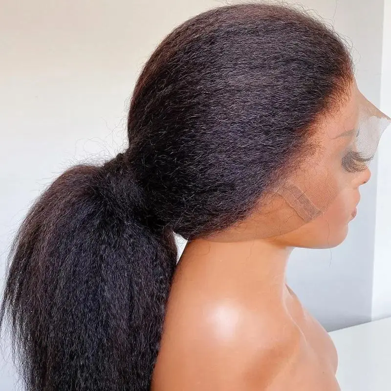 Soft Yaki Natural Black Long Glueless 24Inch Kinky Straight Lace Front Wig For Women With Baby Hair Synthetic Preplucked Daily