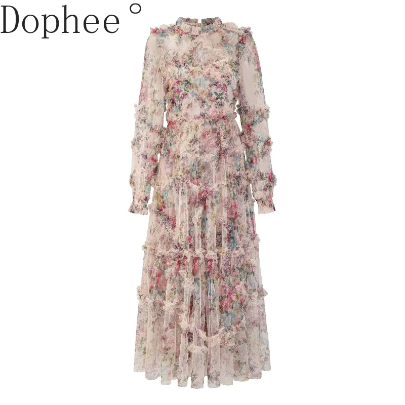 

Luxury Long Sleeve Women Wedding Dresses Elegant Perspective Mesh Ruffles A-line Formal Dress Hollow Out Printing Floor-length