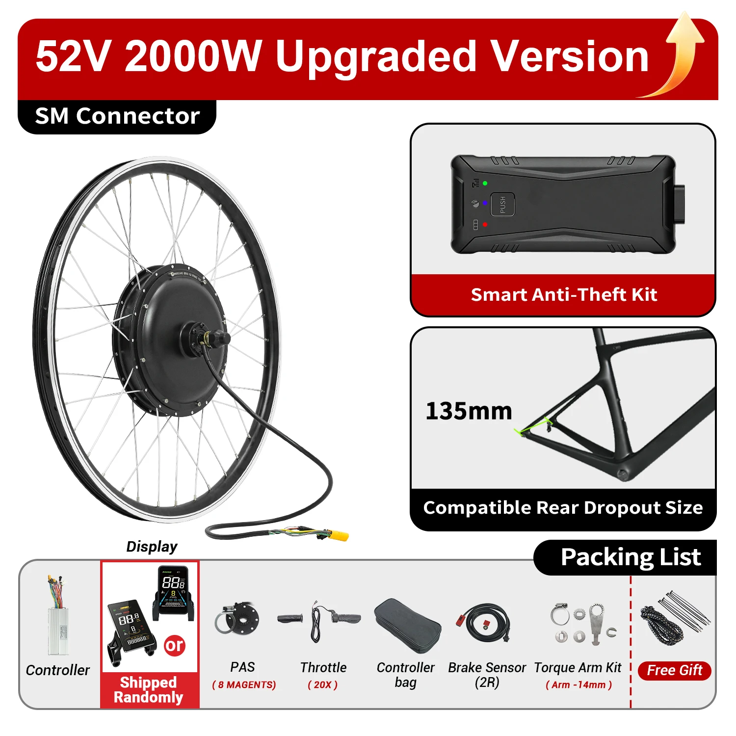 ESOULBIKE Achterwiel Elektrische Fiets Ombouwset 52V 2000W Naafmotor E-bike Kit 26 27.5 28 29 700C Wiel met 20Ah 35Ah Accu
